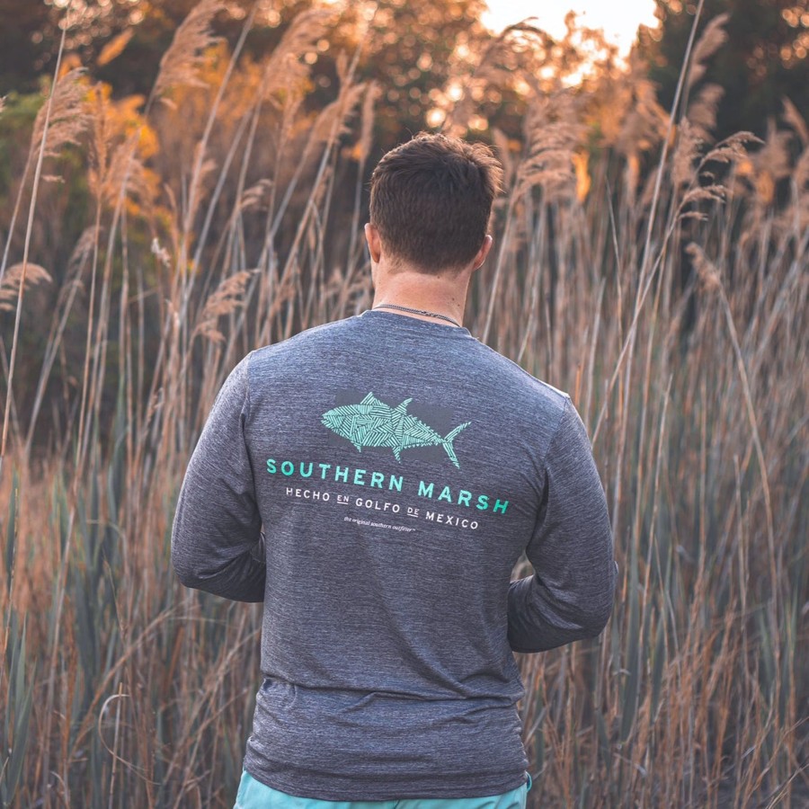 Men'S Southern Marsh Fishing Shirts | Fieldtec Heathered Tee - Made In The Gulf - Tuna - Long Sleeve Midnight Gray Heather