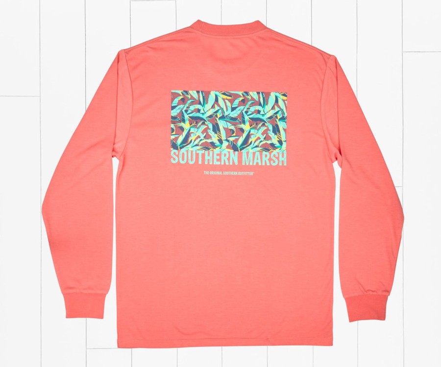 Men'S Southern Marsh Fishing Shirts | Fieldtec Comfort Tee | Bayside Leaves | Long Sleeve Coral