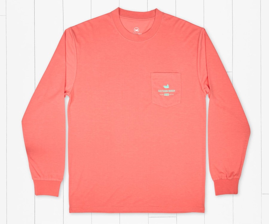 Men'S Southern Marsh Fishing Shirts | Fieldtec Comfort Tee | Bayside Leaves | Long Sleeve Coral