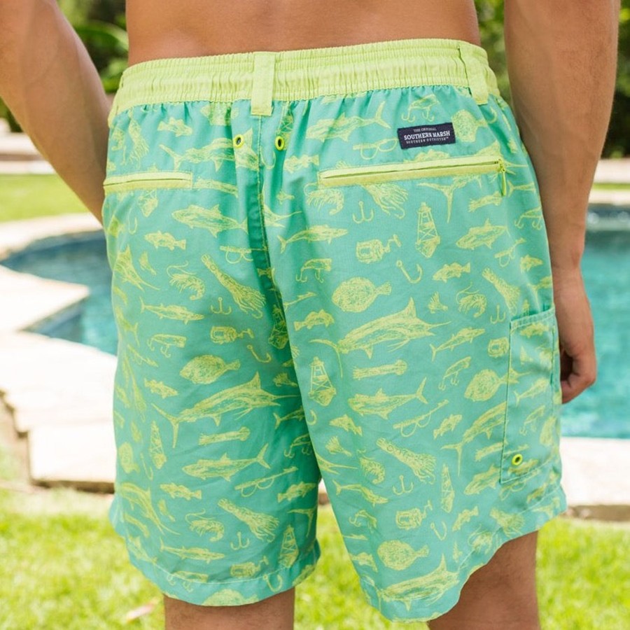 Men'S Southern Marsh Swim Trunks | Dockside Swim Trunk | Offshore Bimini Green And Lime Fish Print