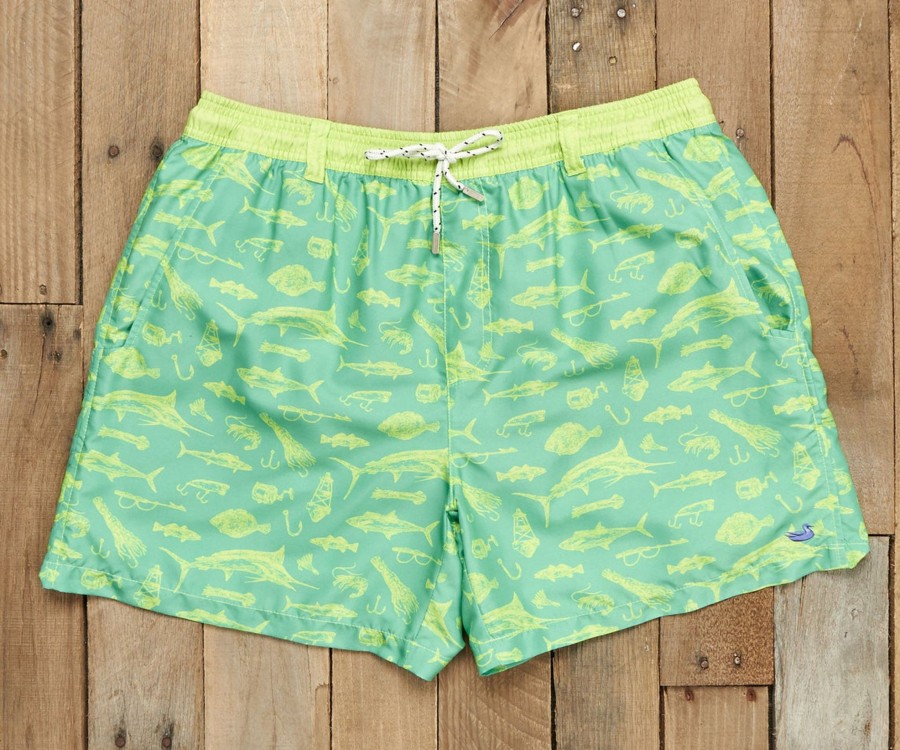 Men'S Southern Marsh Swim Trunks | Dockside Swim Trunk | Offshore Bimini Green And Lime Fish Print