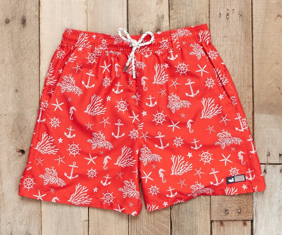 Youth Southern Marsh Swim Trunks | Youth Dockside Swim Trunk - Anchor Red And White Anchor