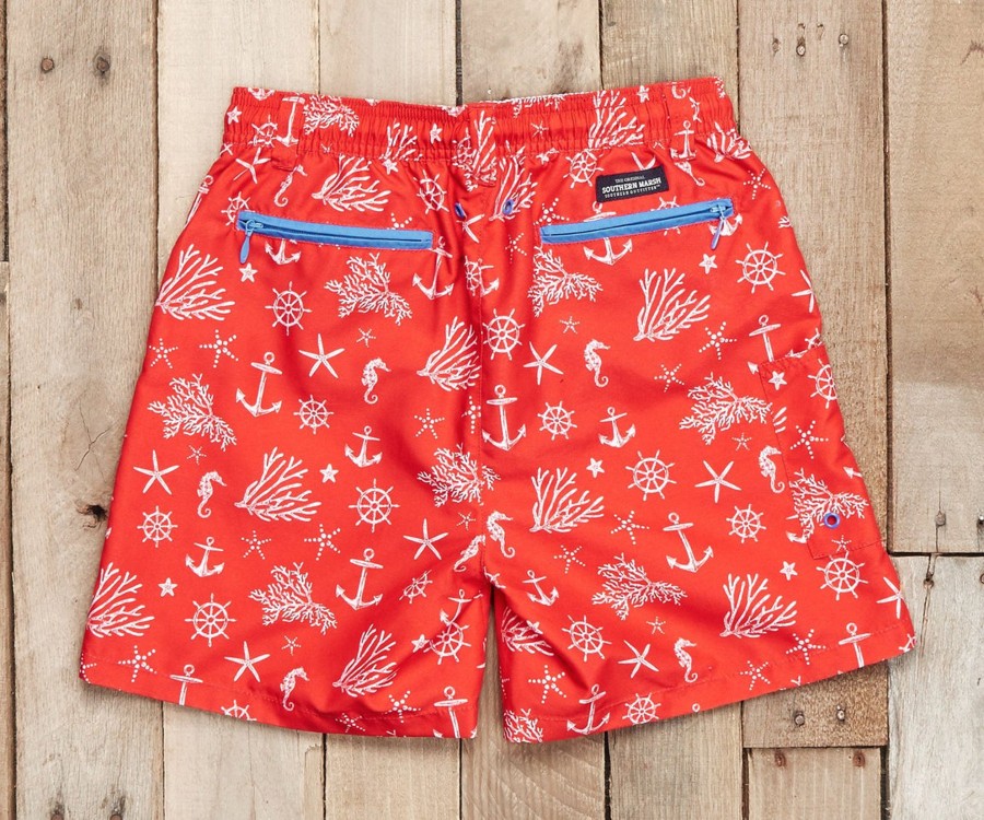 Youth Southern Marsh Swim Trunks | Youth Dockside Swim Trunk - Anchor Red And White Anchor