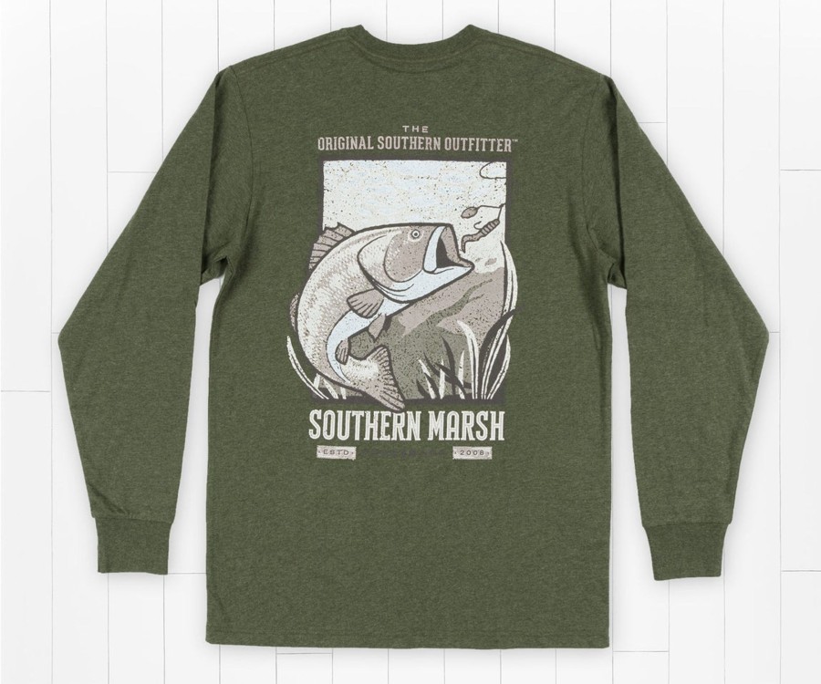 Men'S Southern Marsh Original Ls Tees | Vistas Bass Tee | Long Sleeve Washed Dark Green Heather