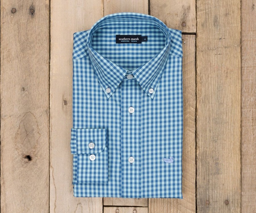 Men'S Southern Marsh Wrinkle-Free | Memphis Gingham Dress Shirt Slate And Mint Memphis