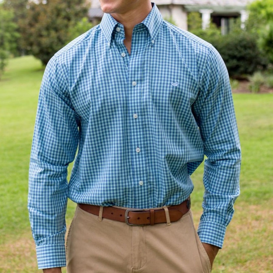 Men'S Southern Marsh Wrinkle-Free | Memphis Gingham Dress Shirt Slate And Mint Memphis