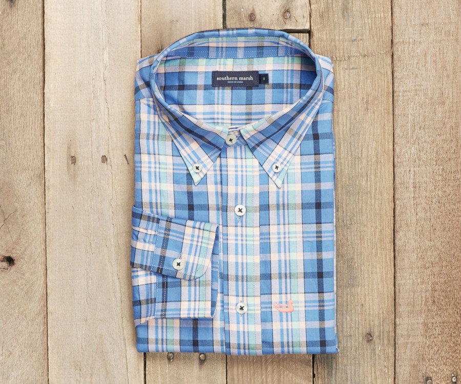 Men'S Southern Marsh Relaxed | Walton Plaid Dress Shirt Navy And Blue Plaid