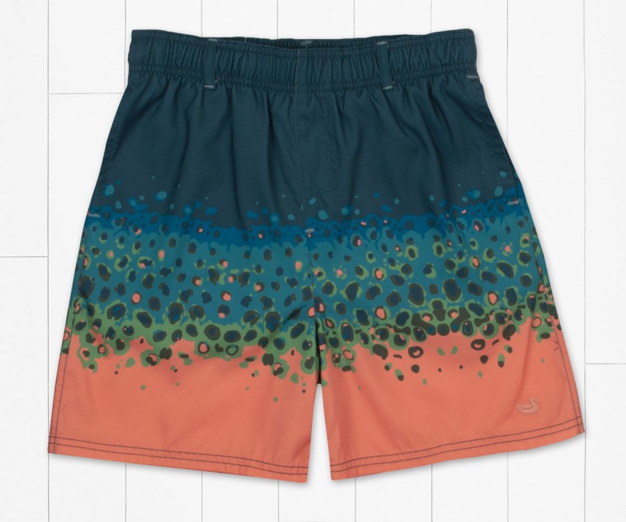 Youth Southern Marsh Swim Trunks | Youth Harbor Lined Trunk - Trout Dots Teal And Peach