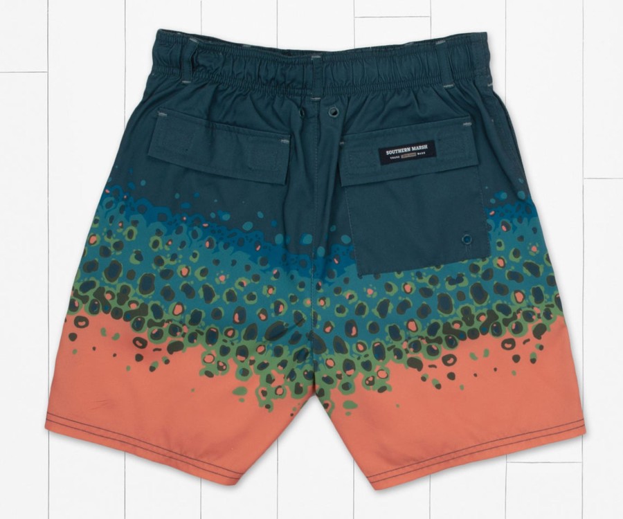 Youth Southern Marsh Swim Trunks | Youth Harbor Lined Trunk - Trout Dots Teal And Peach