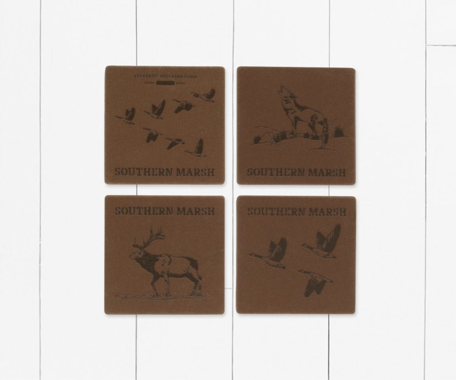 Accessories Southern Marsh Coozies And Bottle Openers | Waxed Canvas Coaster Set - Etched Animals Light Brown