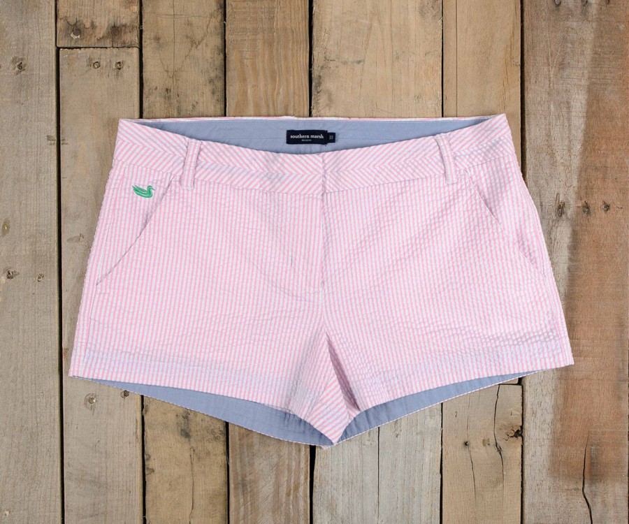 Women'S Southern Marsh Shorts | Brighton Short | Seersucker Pink Stripe With Navy