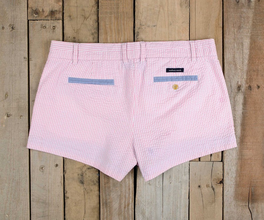 Women'S Southern Marsh Shorts | Brighton Short | Seersucker Pink Stripe With Navy