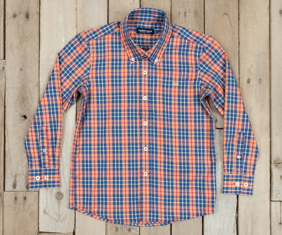 Youth Southern Marsh Dress Shirts | Youth King Windowpane Dress Shirt Navy And Bisque