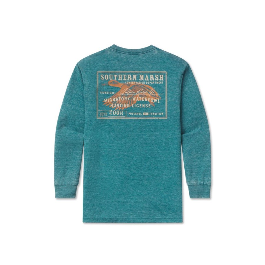 Youth Southern Marsh Seawash Long Sleeve Tees | Youth Seawash Tee - Waterfowl License - Long Sleeve Dark Green