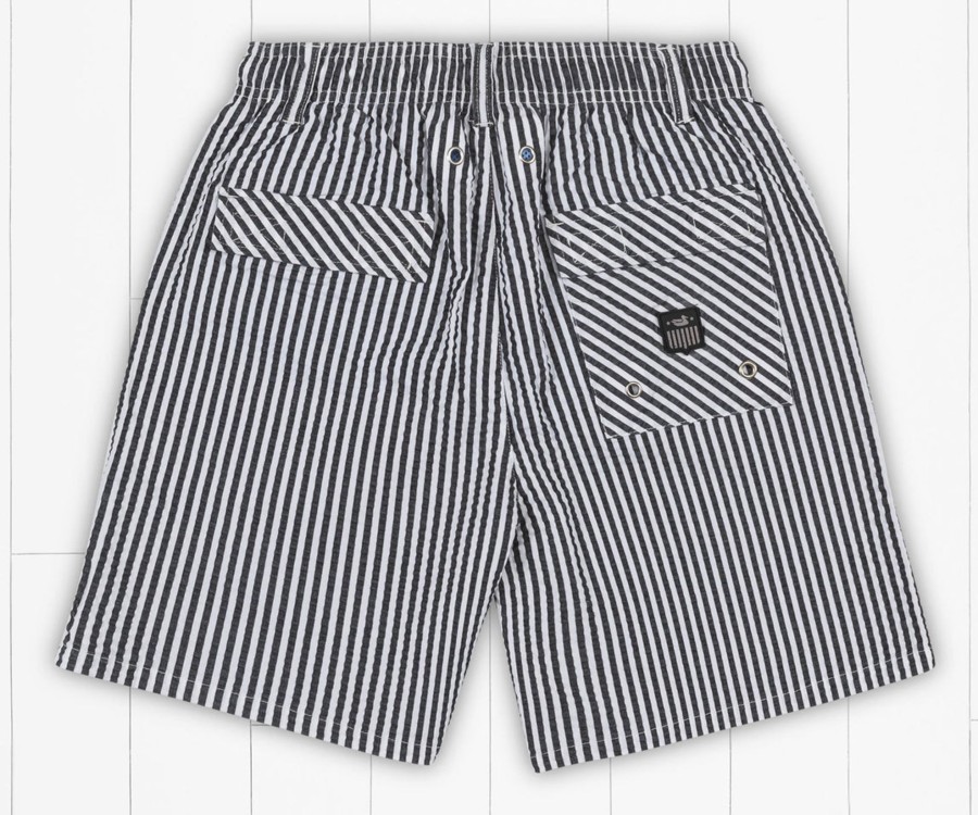 Youth Southern Marsh Swim Trunks | Youth Harbor Trunk | Seersucker Stripe Black And White