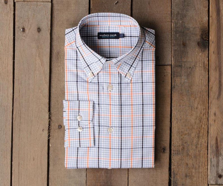 Men'S Southern Marsh Wrinkle-Free | Upperline Grid Dress Shirt Navy And Orange With French Blue Duck