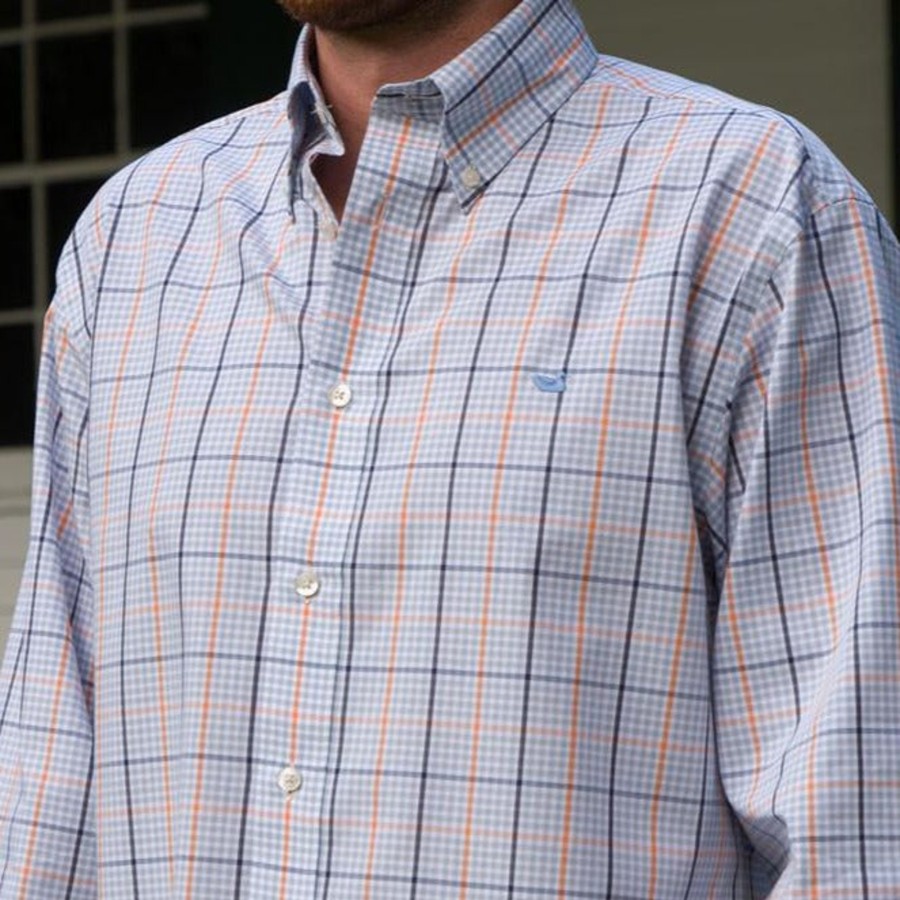 Men'S Southern Marsh Wrinkle-Free | Upperline Grid Dress Shirt Navy And Orange With French Blue Duck