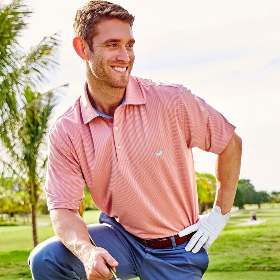 Men'S Southern Marsh Polos | Bermuda Performance Polo | Johnson Stripe Peach And Slate Stripe