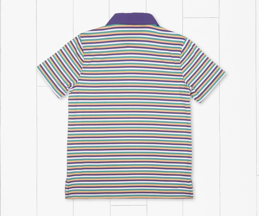 Youth Southern Marsh Polos | Youth Bermuda Performance Polo | Decatur Stripe Purple Green And Gold