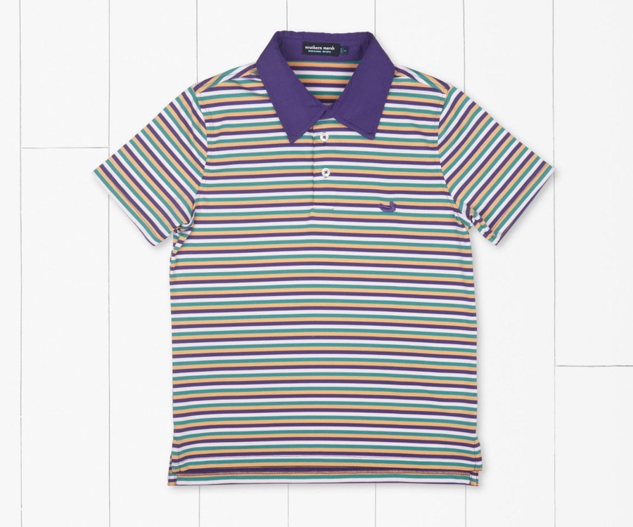 Youth Southern Marsh Polos | Youth Bermuda Performance Polo | Decatur Stripe Purple Green And Gold