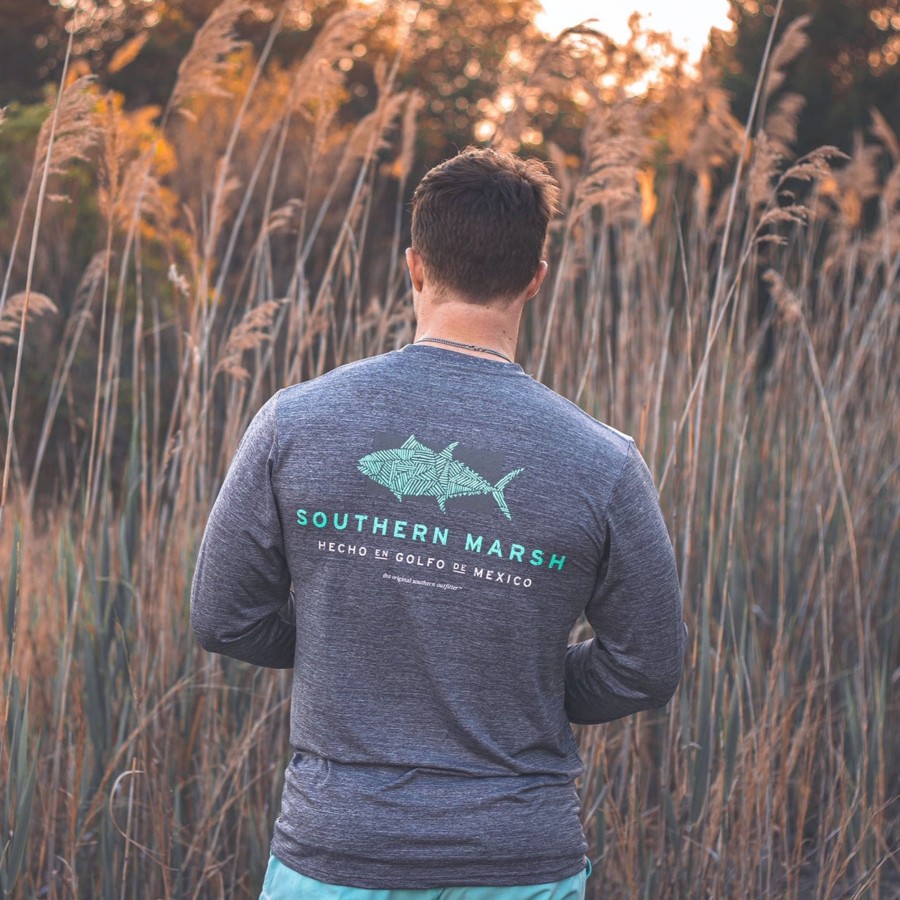 Women'S Southern Marsh Performance Long Sleeve Tees | Fieldtec Heathered Tee - Made In The Gulf - Tuna - Long Sleeve Midnight Gray Heather