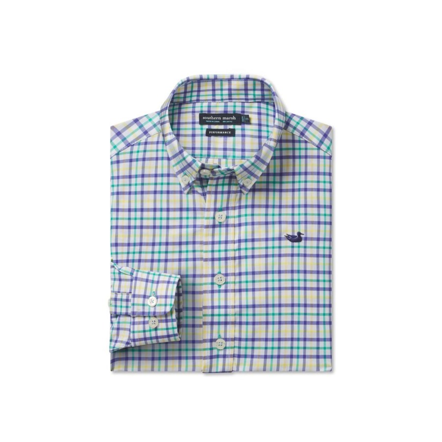 Youth Southern Marsh Dress Shirts | Youth Performance Dress Shirt | Chambers Gingham Purple Green And Gold