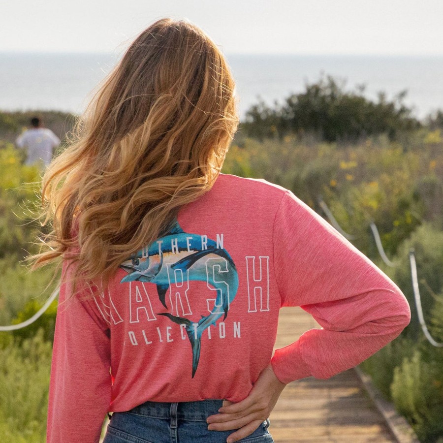 Women'S Southern Marsh Performance Long Sleeve Tees | Fieldtec Heathered Tee - Swordfish - Long Sleeve Strawberry Fizz