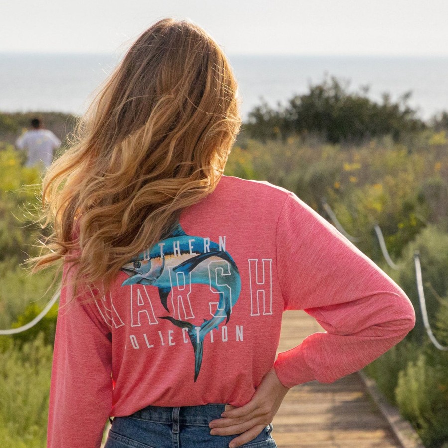 Men'S Southern Marsh Performance Long Sleeve Tees | Fieldtec Heathered Tee - Swordfish - Long Sleeve Strawberry Fizz