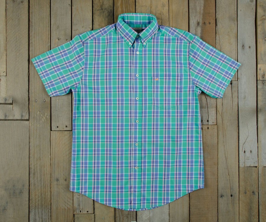 Men'S Southern Marsh Short Sleeve | Natahala Plaid Dress Shirt - Short Sleeve Bimini Green And Blue Plaid