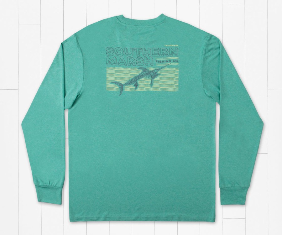 Men'S Southern Marsh Fishing Shirts | Fieldtec Featherlight Tee - Marlin Waves - Long Sleeve