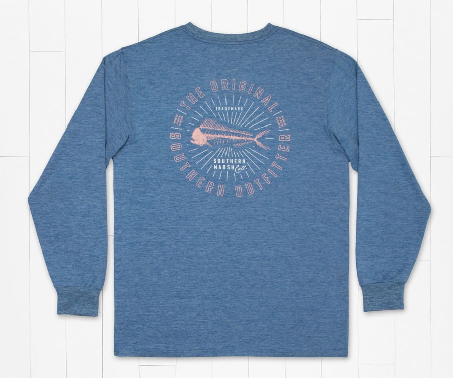 Men'S Southern Marsh Fishing Shirts | Fieldtec Heathered Tee - Mahi Circle - Long Sleeve Oxford Blue