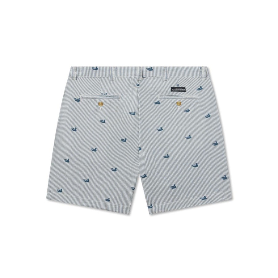 Men'S Southern Marsh Shorts | Seersucker Regatta Short - 6In. Flat Seersucker Blue With Navy Duck