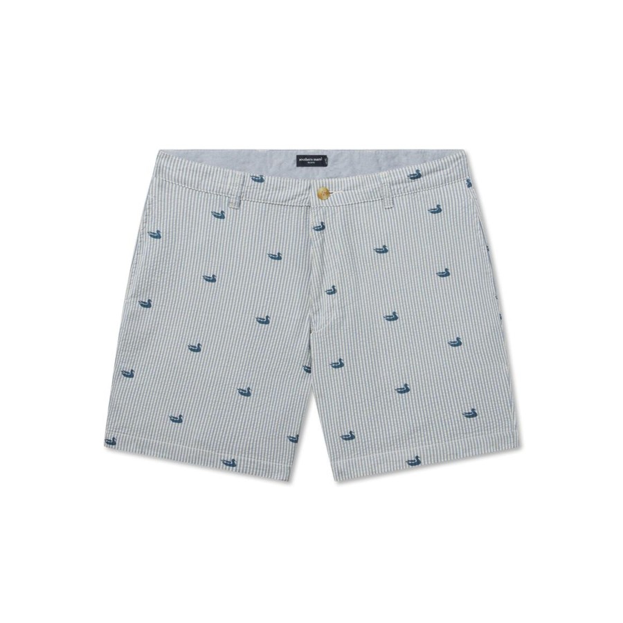 Men'S Southern Marsh Shorts | Seersucker Regatta Short - 6In. Flat Seersucker Blue With Navy Duck